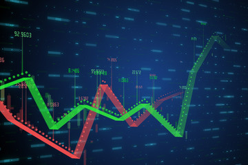 Two growing linear 3d illustration graphics showing positive and negative growth and trends with numbers in red-green on blue tech background with motion