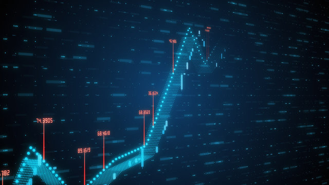 Growing linear 3d illustration graph showing positive growth and trends with numbers in blue violet color on blue tech background with motion