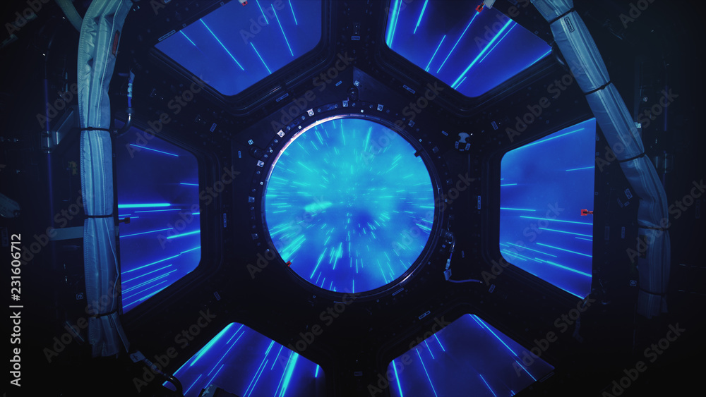 Poster abstract hyper jump in outer space on a spaceship view from the window 3d illustration, element fini