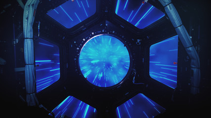 Abstract hyper jump in outer space on a spaceship view from the window 3d illustration, element...