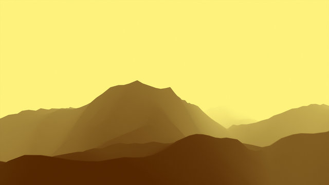 Colorful unreal flight over canyon and mountains in fog 3d illustration