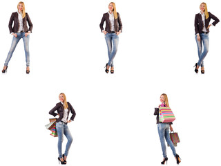 Beautiful woman with shopping bags isolated on white