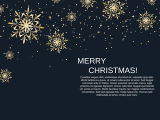 Merry Christmas and Happy New Year black vector background with golden snowflakes and stars