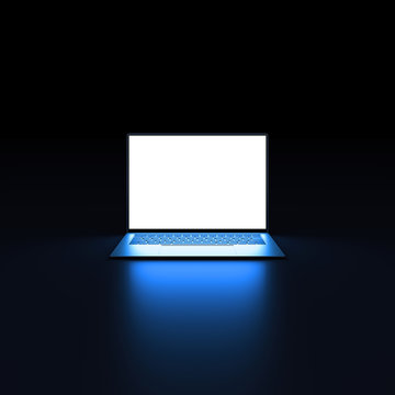 laptop computer with white screen on black background.