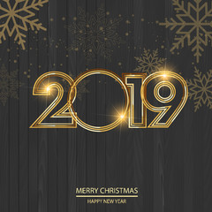 Happy New Year or Christmas greeting card with gold confetti text. 2019 Vector