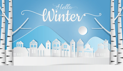 Fototapeta premium Landscape of village in winter snow forest, Hello Winter. Paper art style