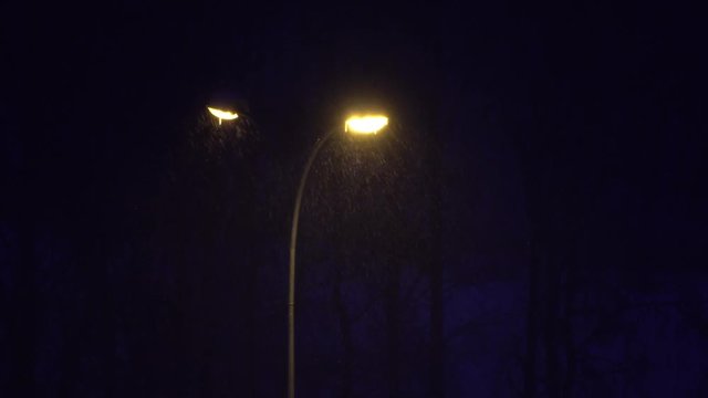 Double streetlight early in the morning during a snowfall in winter outdoors