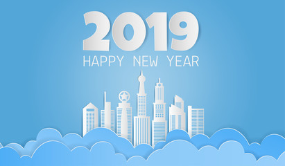 Paper art of skyscraper with clouds and 2019 HAPPY NEW YEAR text on blue sky, Modern city skyline building. Vector illustration