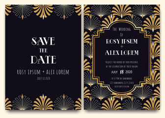 An Art Deco Wedding Card with a Gold-patterned Background.