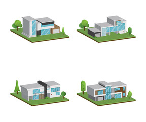Set of isometric and 3D four houses and modern houses design.