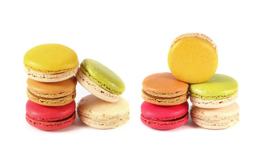 Tasty colorful macaroon on white background