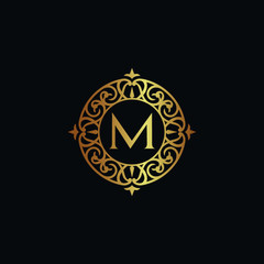 Vintage old style logo icon golden. Royal hotel, Premium boutique, Fashion logo, restaurant logo, VIP logo. Letter M logo, Premium quality logo.