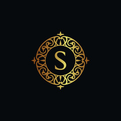 Naklejka premium Vintage old style logo icon golden. Royal hotel, Premium boutique, Fashion logo, restaurant logo, VIP logo. Letter S logo, Premium quality logo.
