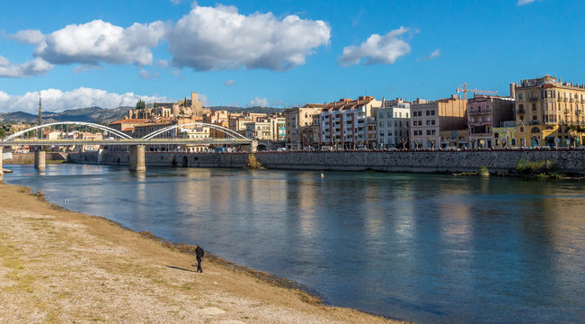 View of Tortosa with bridge over the Ebro river and the Souda castle