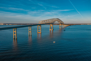 Aerial view of Francis Scott Key Bay bridge over the Patapsco river in Baltimore Maryland
