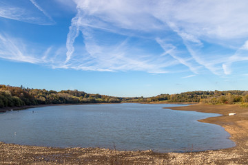 View of Ardingly reservoir in Sussex in autmn with low water reserves