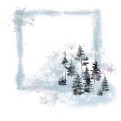 Square Foggy Frame Decorated with Pine Tree Scenery. Watercolor Landscape Painting Isolated on White Background for Print, Background, Design, and Decoration.