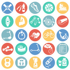 Sport and healthy life set on color circles background icons