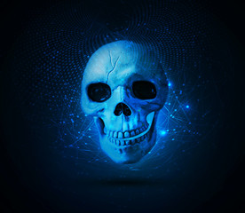 Artistic Neon Ghost Skull on a Cyan network Background