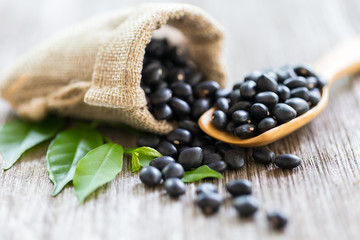 Black bean on a wooden spoon,copy space.