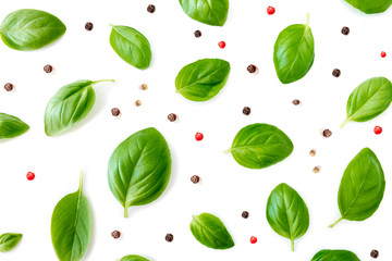  Basil leaf and Spices isolated on white background. Creative layout made of  Herbs.  Food Pattern. Top view. Flat lay.