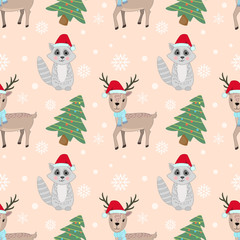 Cute animal deer and raccoon christmas background