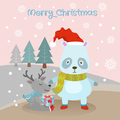 Bear and deer in winter christmas card design.