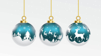 Set of vector blue and white christmas balls with ornaments. glossy collection isolated realistic decorations. Vector illustration on white background.