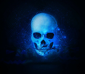 Artistic Evil Devil Skull on a Cyan network Background