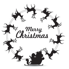 Christmas wreath Elements with Santa Claus rides reindeer sleigh spinning around make frame for blank copy space for text. vector silhouette design
