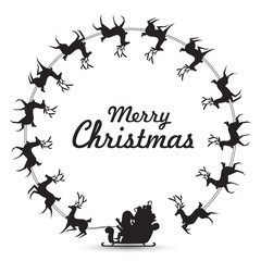 Christmas wreath Elements with Santa Claus rides reindeer sleigh spinning around make frame for blank copy space for text. vector silhouette design