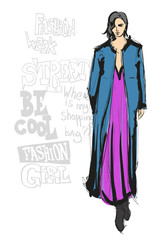 Fashion girl Sketch. Stylish fashion model. Pretty young girl.