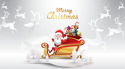 Merry Christmas and Happy New Year.Santa Claus is rides reindeer sleigh with a sack of gifts in Christmas snow scene. vector illustration Greeting card poster horizontal banner paper art concept © vavectors