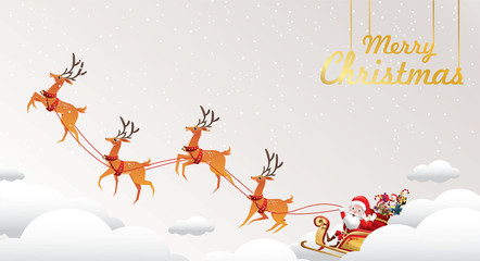 Merry Christmas and Happy New Year.Santa Claus is rides reindeer sleigh with a sack of gifts in Christmas snow scene. vector illustration Greeting card poster horizontal banner paper art concept