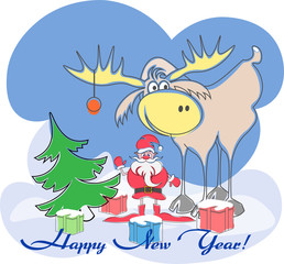 Obraz na płótnie Canvas Greeting card with Santa, moose, tree, presents a happy new year