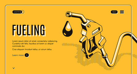 Fueling gasoline or diesel isometric vector web banner. Fuel nozzle on hose and droplet of gas, ethanol or biodiesel, line art illustration. Filling stations network, petroleum company landing page