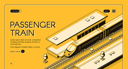 Passenger train isometric vector web banner. High-speed express train on railroad station, line art illustration. Tourism portal or travel agency site template. Railway transport company landing page © vectorpouch