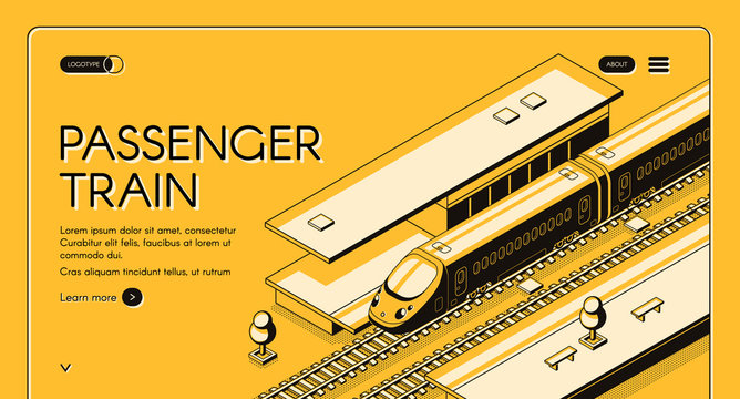 Passenger train isometric vector web banner. High-speed express train on railroad station, line art illustration. Tourism portal or travel agency site template. Railway transport company landing page