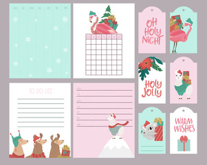 Cute set of Christmas weekly planner and schedule with alpaca, flamingo and koala bear. Editable vector illustration
