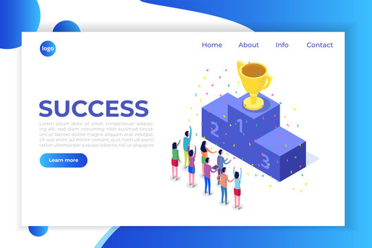 Win, Isometric winner business, success and achievement concept with characters.