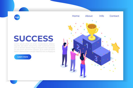 Win, Isometric winner business, success and achievement concept with characters.