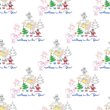 seamless pattern with santa, elk, christmas tree, gifts with contours of happy new year