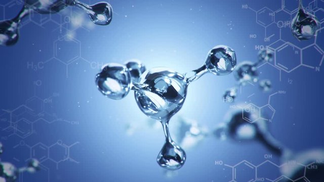 Animation of rotation DNA helix or molecule from glass and crystal and chemical formulas on backdrop. Animation of seamless loop.
