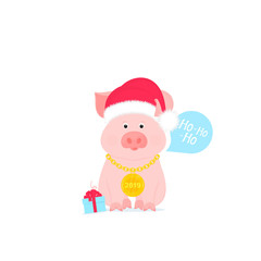 Cute pig in a Santa Claus hat with a gold medal on a chain.