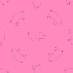 Contour black and pink seamless pattern with pigs. Abstract vector background. Simple style.