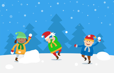 children playing snow balls fighting winter holidays