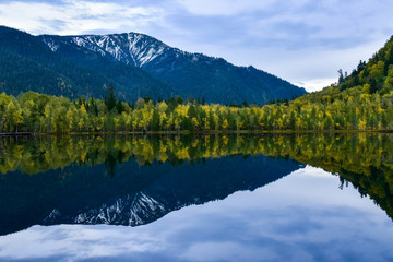 A forested mountain reflected in a lake.