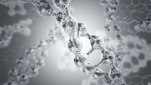 Animation of rotation DNA helix or molecule from glass and crystal and chemical formulas on backdrop. Animation of seamless loop. - Powered by Adobe
