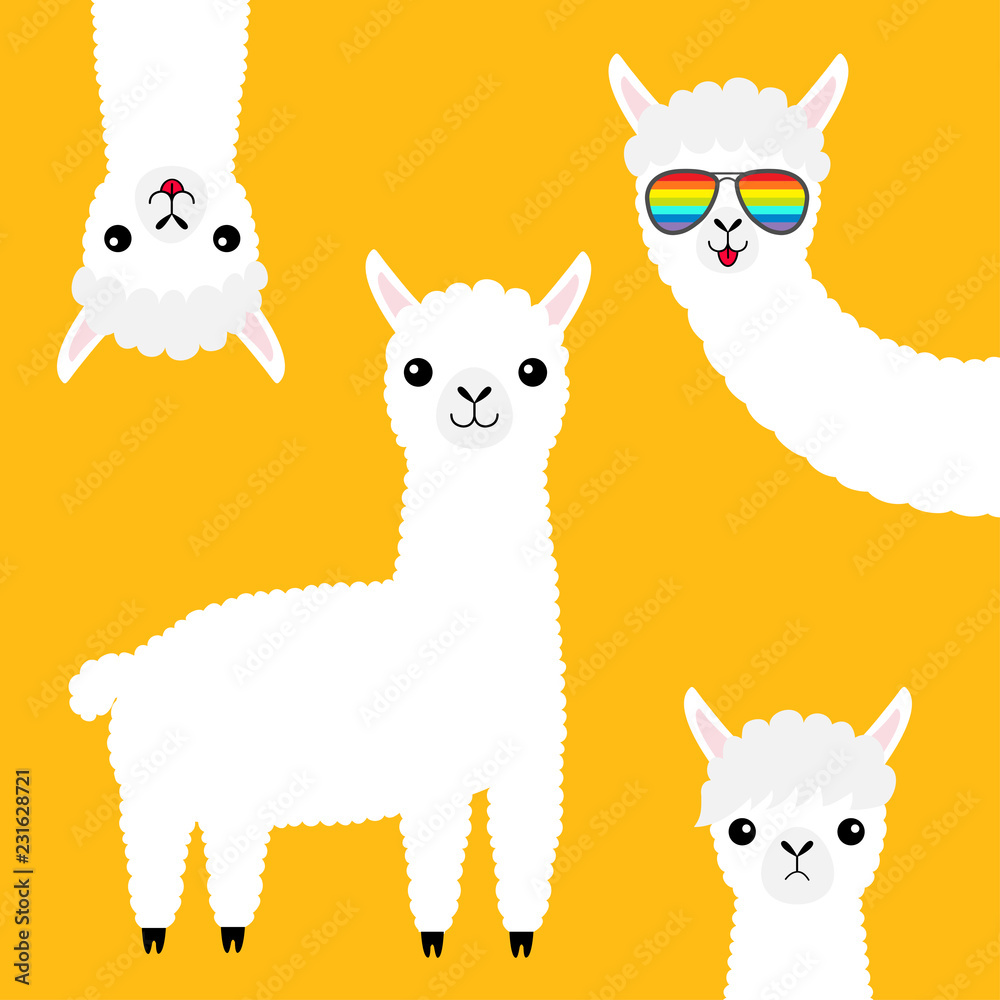 Wall mural alpaca llama animal set. face in rainbow glassess. cute cartoon funny kawaii character. fluffy hair 