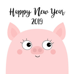 Pink piggy piglet. Happy New Year 2019. Pig face head. Chinise symbol. Cute cartoon funny kawaii baby character. Flat design. White background. Isolated.
